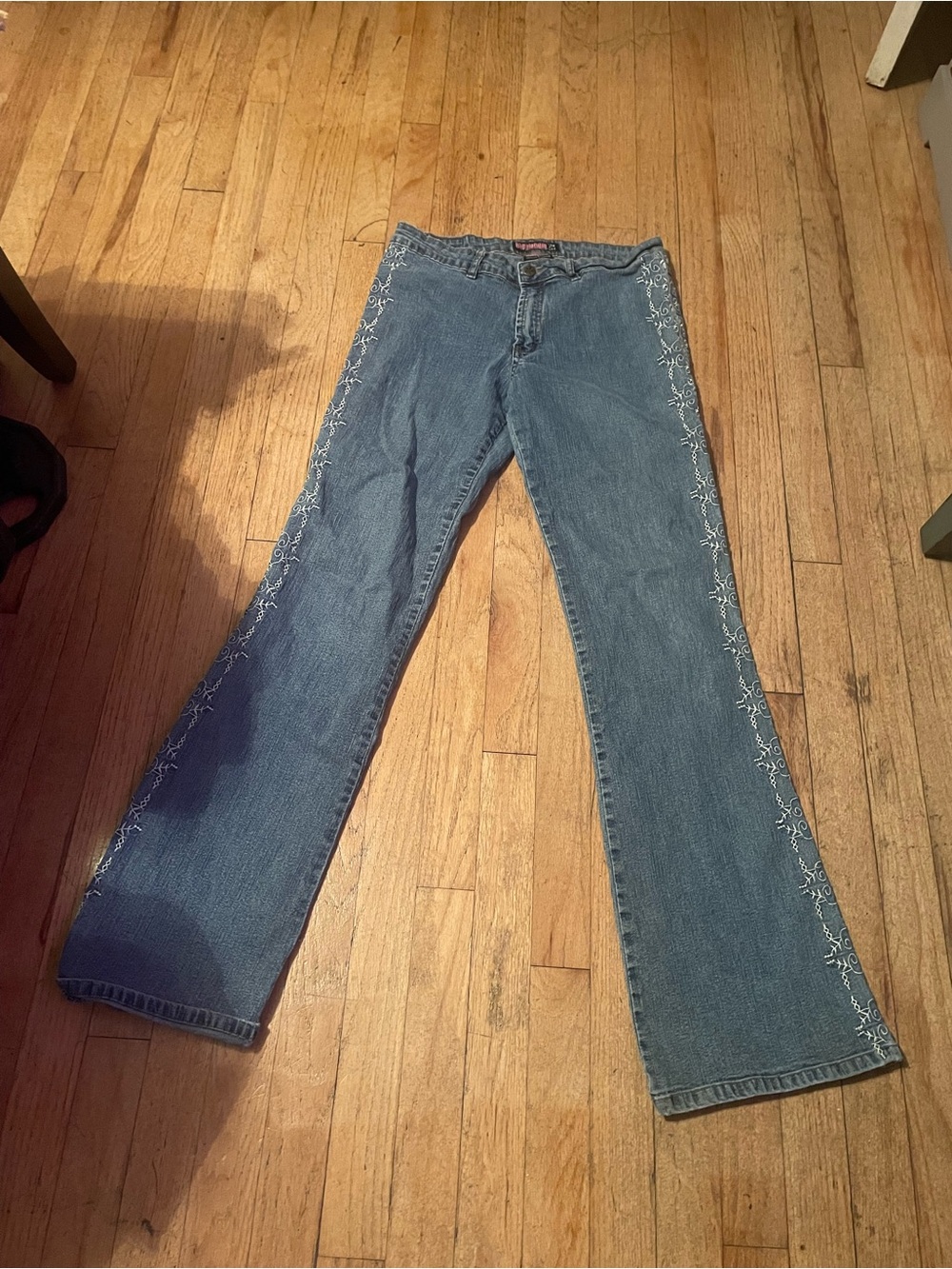 Bubblegum Blue Flared Jeans with White Side Embroidery